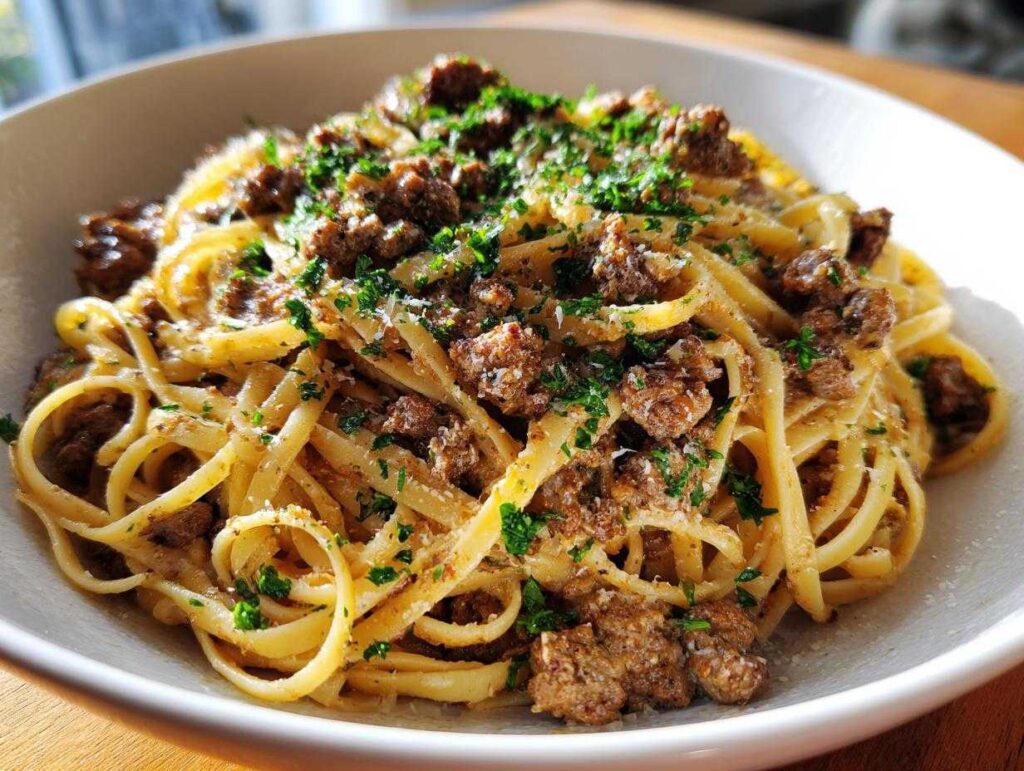 A close-up of a white bowl filled with Beef and Garlic Butter Linguine, topped with fresh parsley and grated cheese.