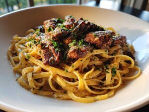 A close-up of a white bowl filled with beef garlic butter linguine, topped with sliced steak and fresh parsley.
