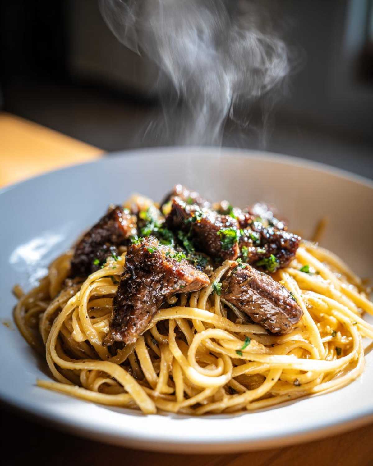 A steaming bowl of beef garlic butter linguine, topped with tender beef pieces and fresh parsley.