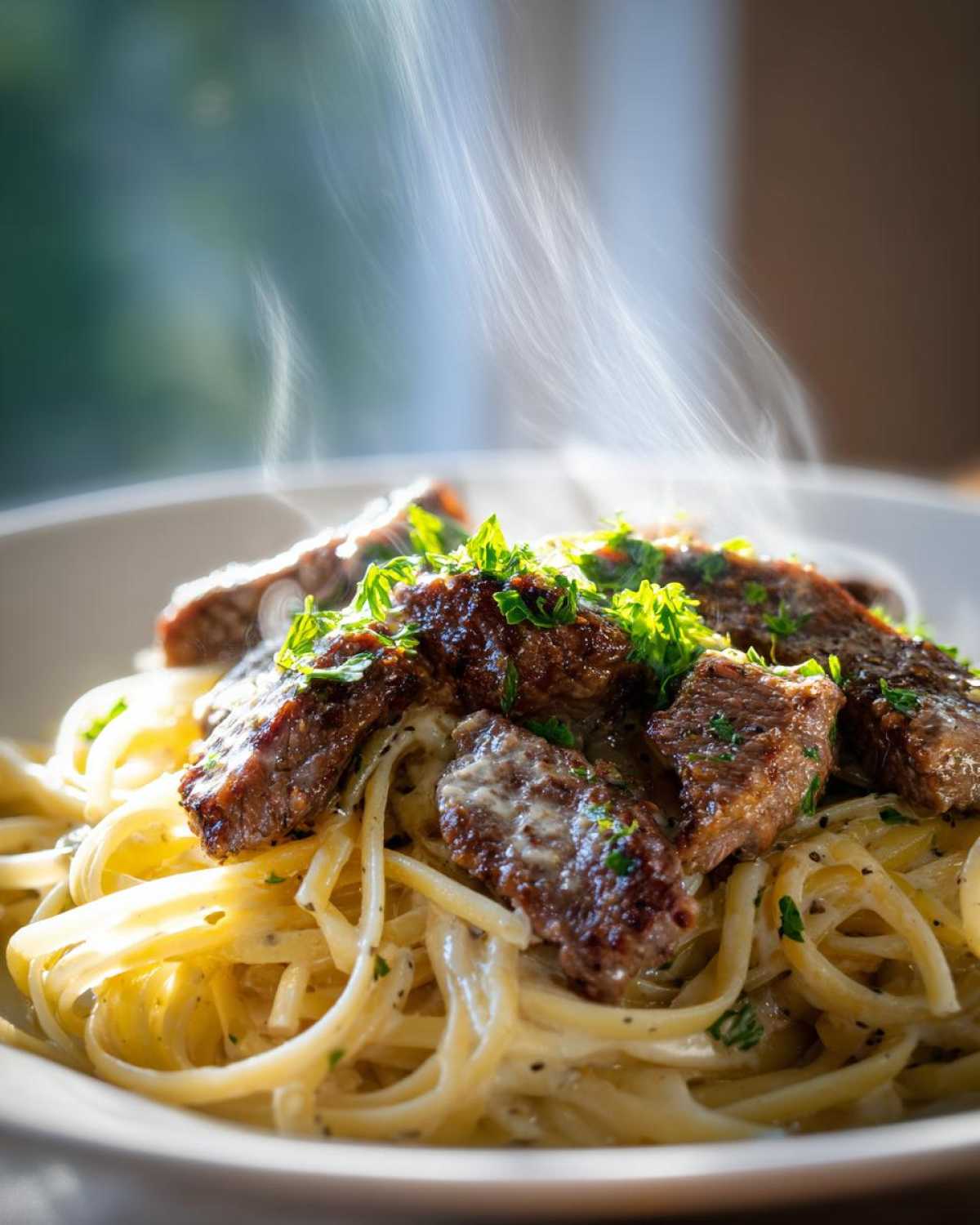 Steaming plate of beef garlic butter linguine topped with fresh parsley.