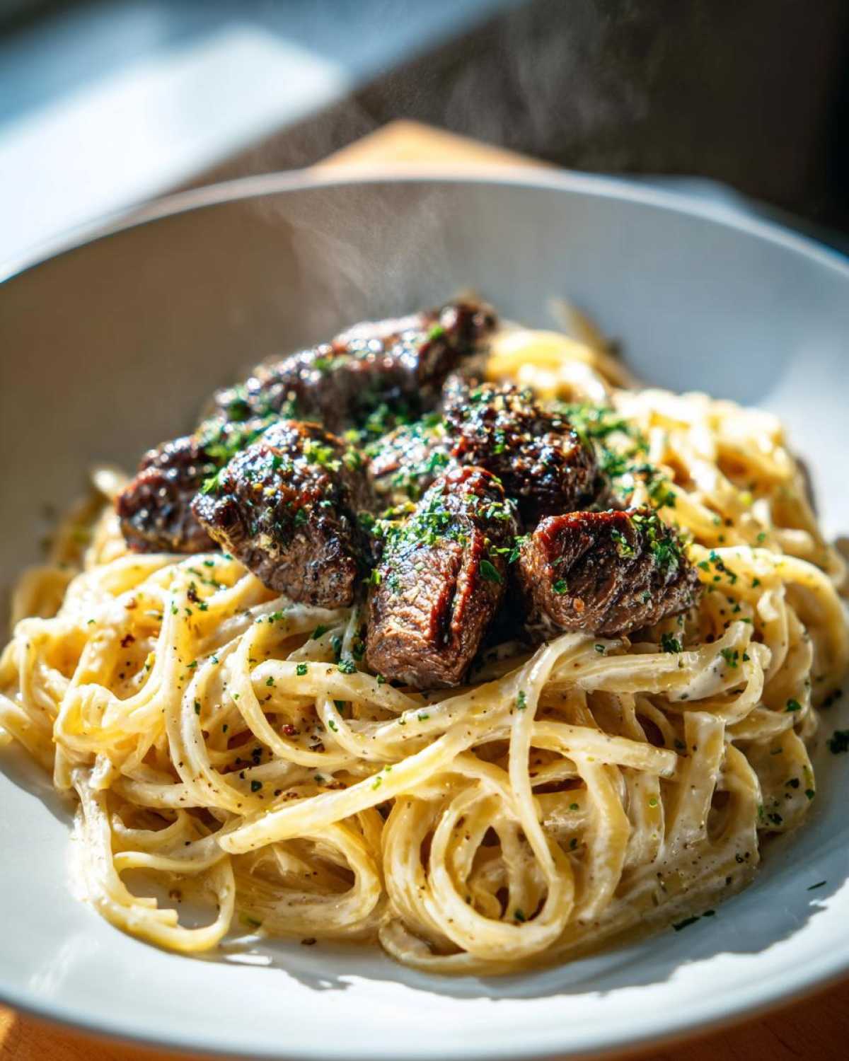 A steaming bowl of beef garlic butter linguine, topped with tender beef chunks and fresh herbs.
