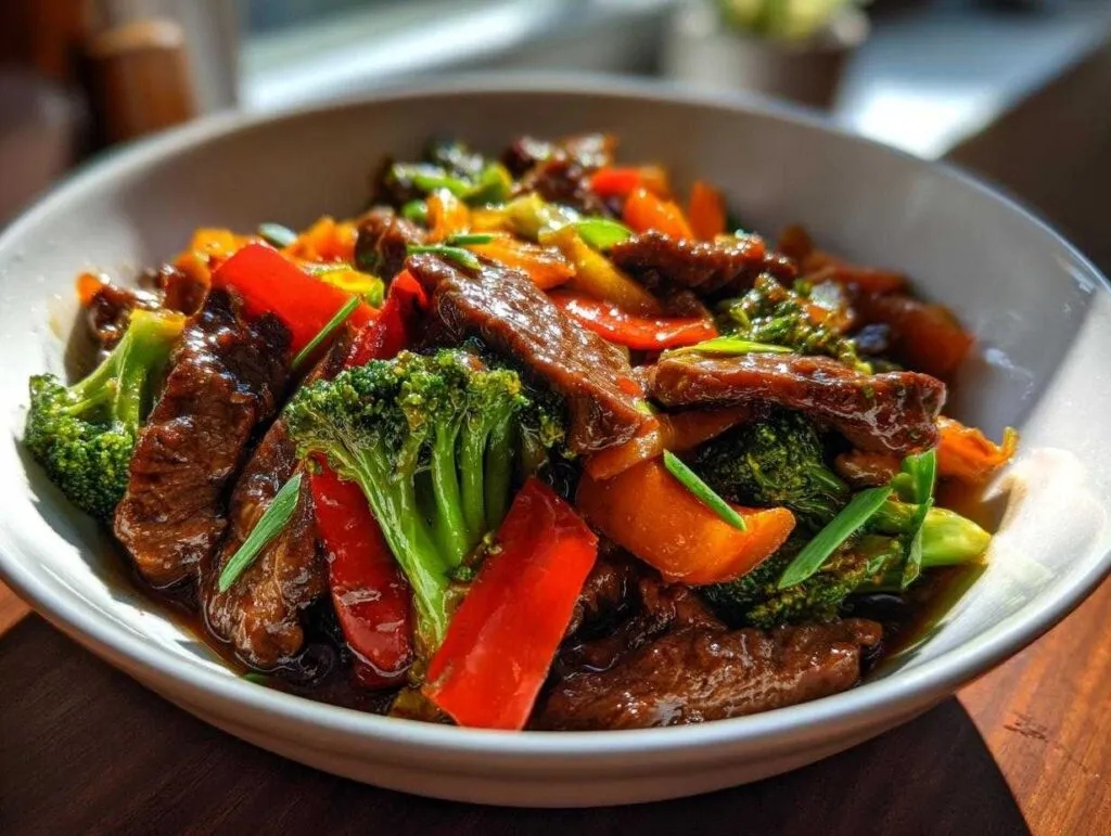 A close-up of a bowl filled with juicy beef stir fry, featuring tender beef strips, vibrant broccoli florets, and red bell peppers.