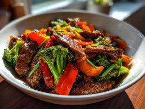 A close-up of a bowl filled with juicy beef stir fry, featuring tender beef strips, vibrant broccoli florets, and red bell peppers.