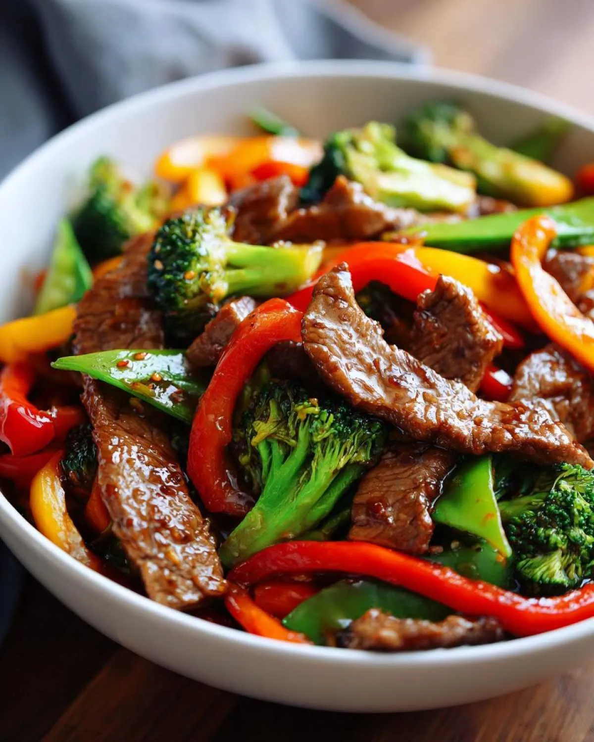 Close-up of a bowl filled with juicy beef stir fry, featuring tender beef strips, broccoli florets, red and yellow bell peppers, and snap peas.