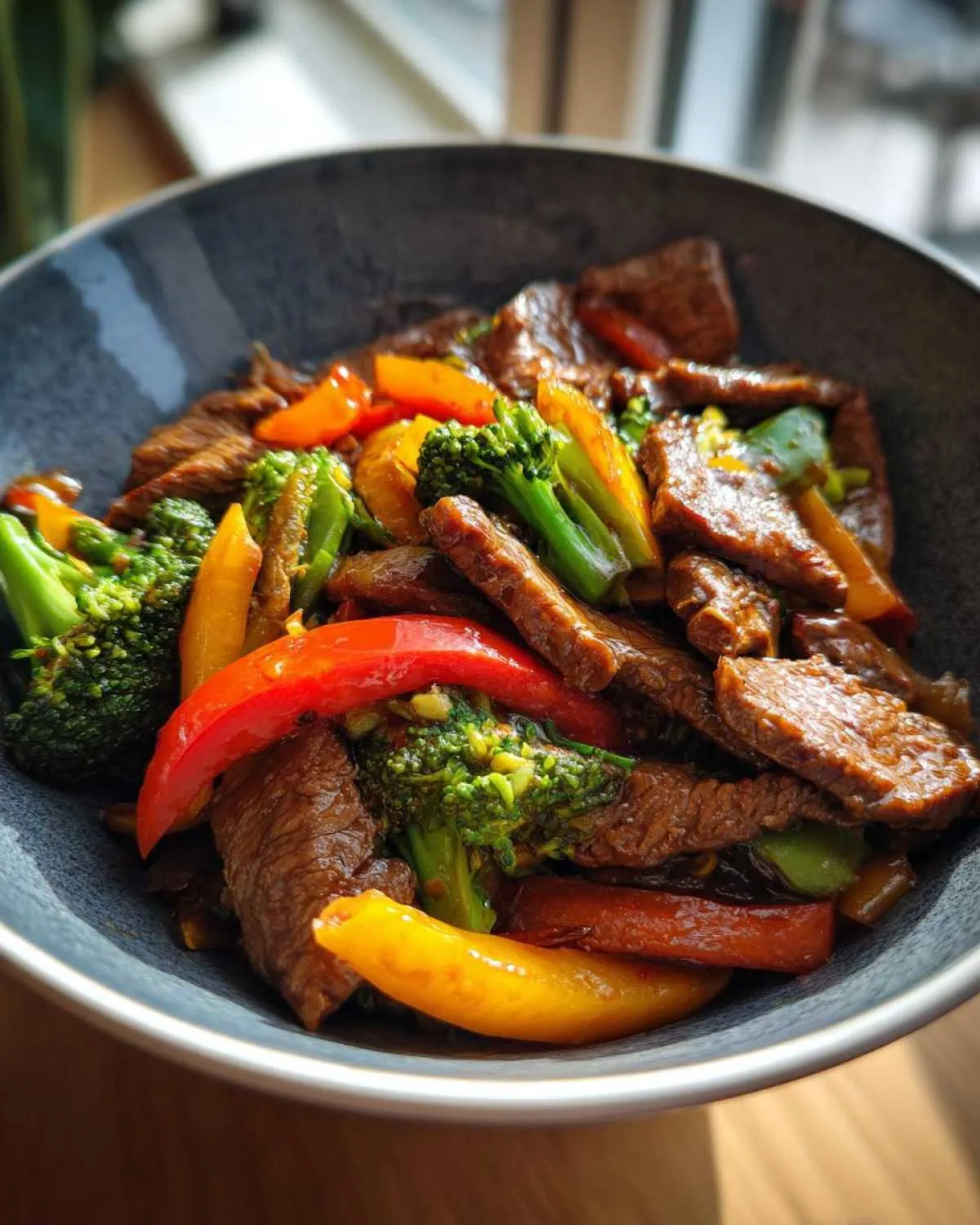 A close-up of a bowl filled with a delicious beef stir fry, featuring tender strips of beef, broccoli florets, and colorful bell peppers.