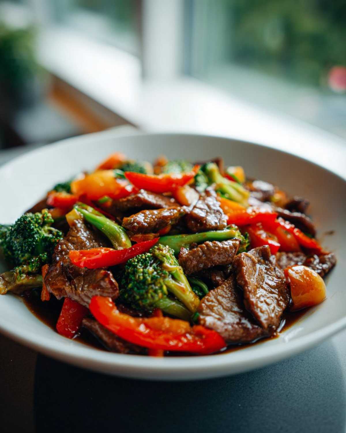 A close-up of a white bowl filled with a flavorful beef stir fry, featuring tender beef strips, broccoli florets, and red bell pepper slices.