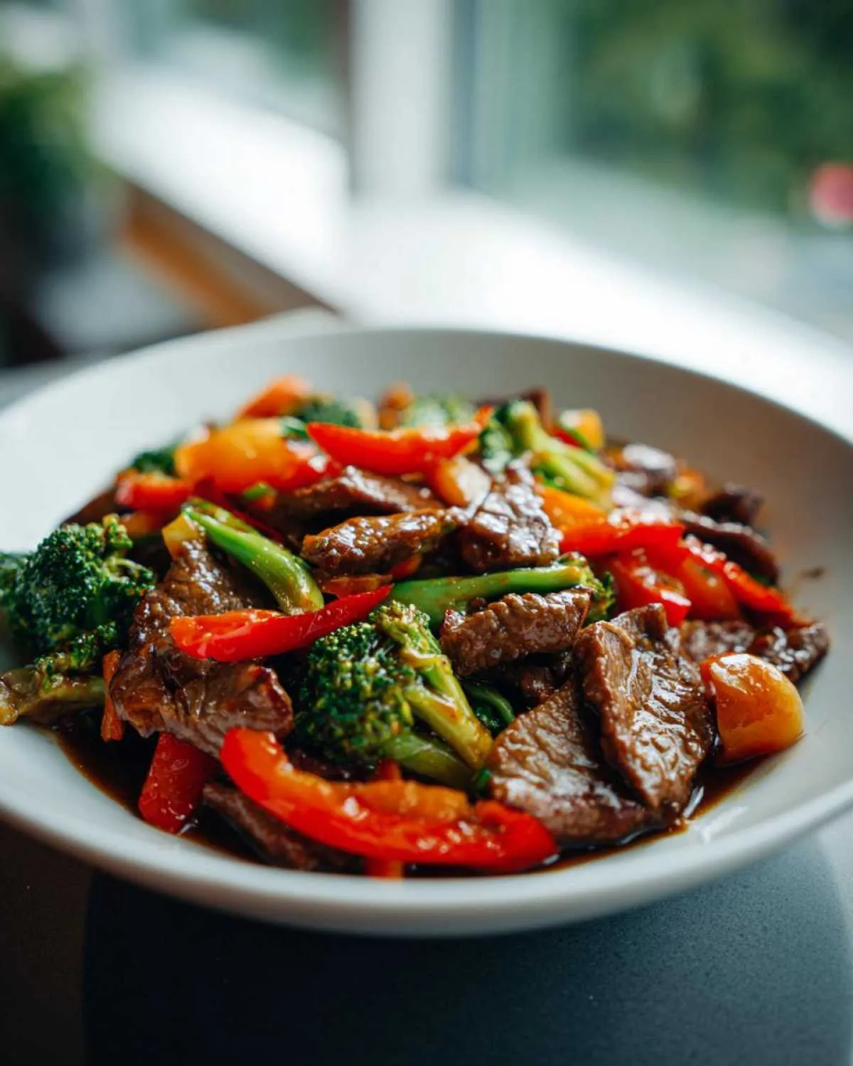 A close-up of a white bowl filled with a flavorful beef stir fry, featuring tender beef strips, broccoli florets, and red bell pepper slices.