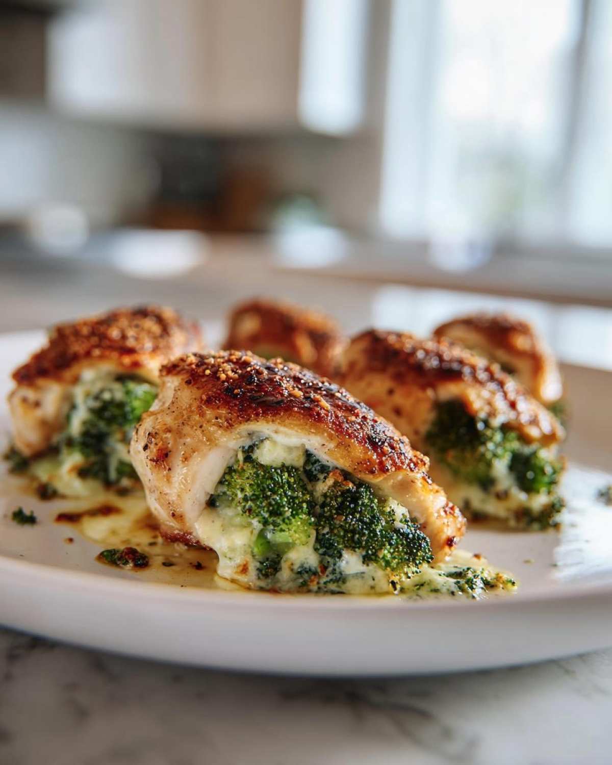 Close-up of golden-brown Broccoli Cheese Stuffed Chicken breasts on a white plate, with melted cheese oozing out.