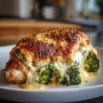 A golden-brown baked chicken breast stuffed with broccoli and melted cheese, served on a white plate.