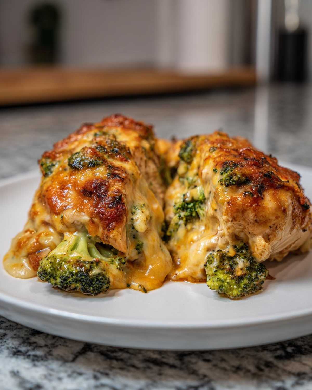 Close-up of two juicy Broccoli Cheese Stuffed Chicken breasts, topped with melted golden cheese and vibrant green broccoli florets.