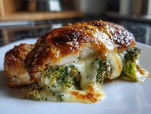 A golden-brown baked chicken breast stuffed with broccoli and melted cheese, a delicious Broccoli Cheese Stuffed Chicken.