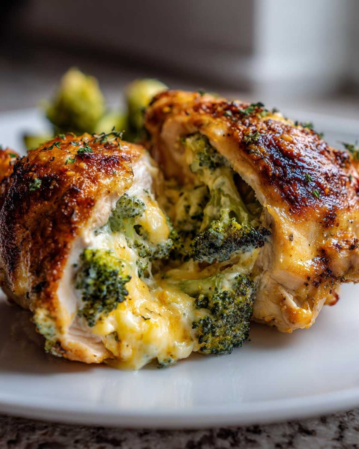 A close-up of delicious Broccoli Cheese Stuffed Chicken, cut open to reveal a cheesy broccoli filling.