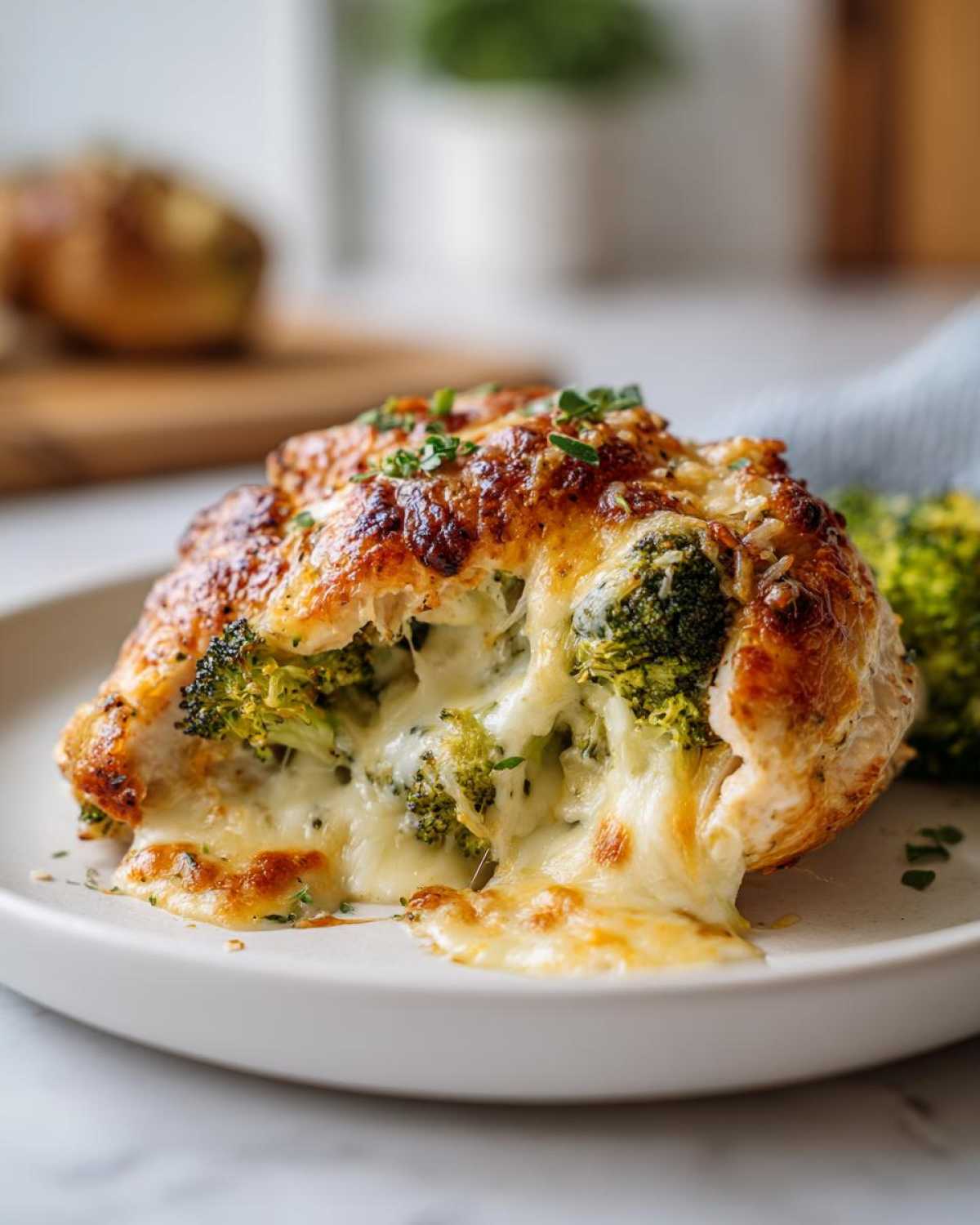A close-up of broccoli cheese stuffed chicken, with melted cheese oozing out and fresh broccoli on the side.