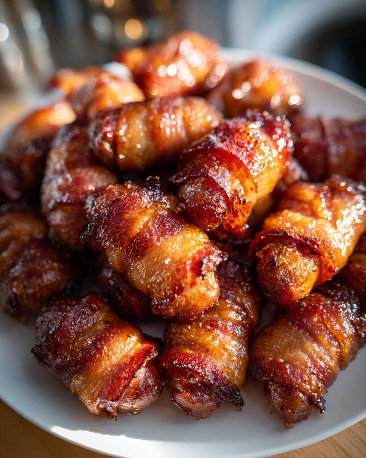 A close-up of a pile of glistening brown sugar bacon little smokies on a white plate, ready to be served.