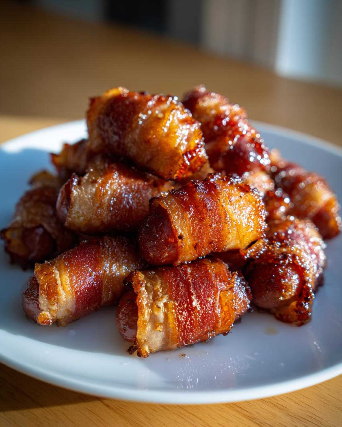 A pile of glistening brown sugar bacon little smokies on a white plate, ready to be served.