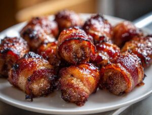 Close-up of a white plate filled with delicious brown sugar bacon little smokies, glistening and caramelized.