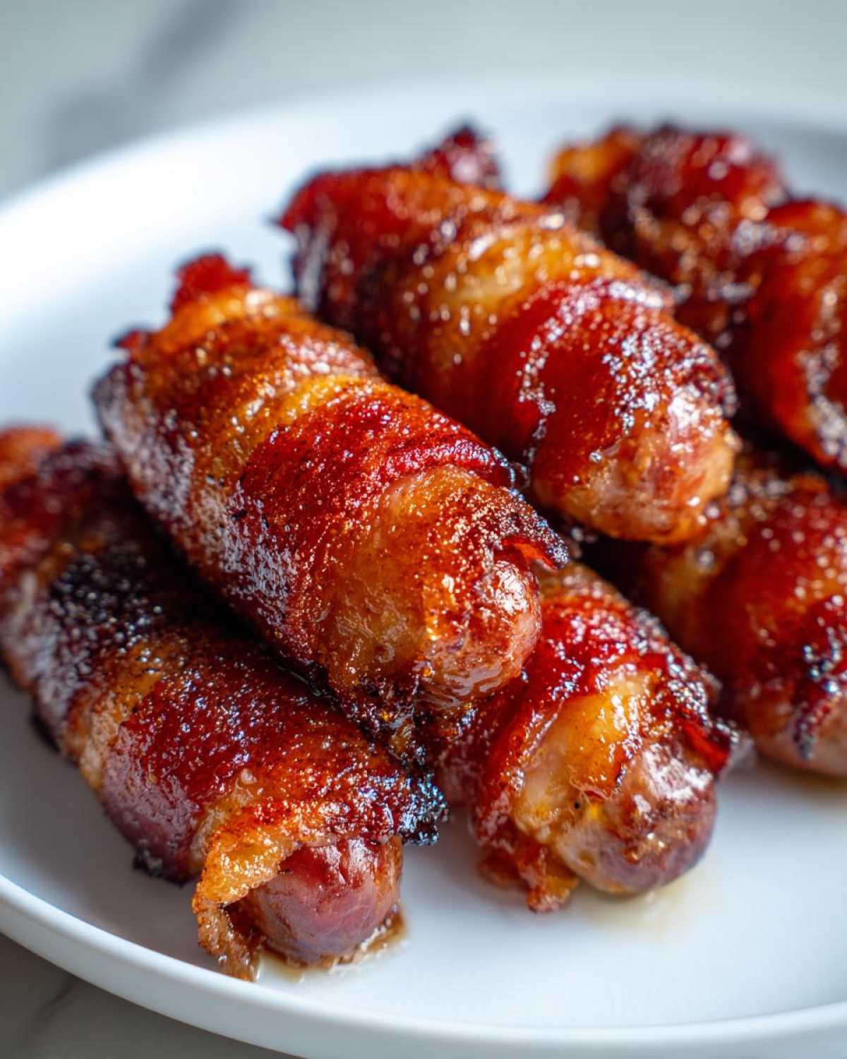 Close-up of delicious brown sugar bacon little smokies piled on a white plate, glistening.