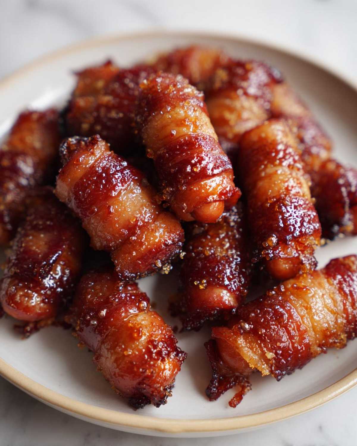 A close-up of a pile of glistening brown sugar bacon little smokies on a plate, ready to be served.