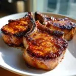 Close-up of three juicy brown sugar garlic pork chops on a white plate, glistening with glaze.