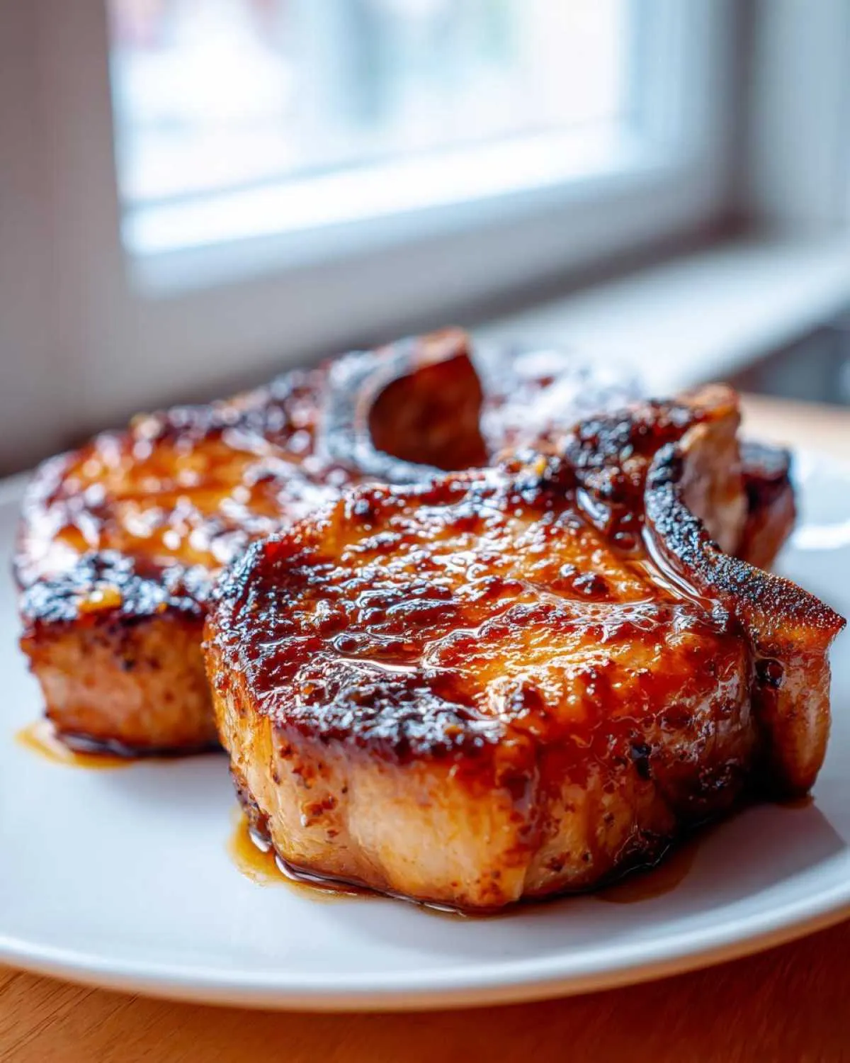 Close-up of two juicy brown sugar garlic pork chops glazed and glistening on a white plate.