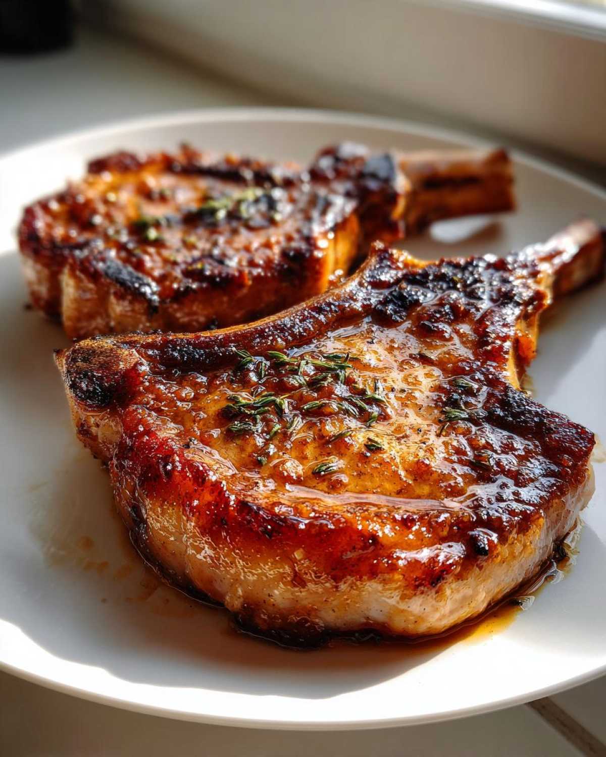 Close-up of two perfectly cooked brown sugar garlic pork chops on a white plate, glistening with sauce and herbs.