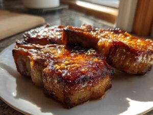 Close-up of three thick-cut brown sugar garlic pork chops glazed and glistening on a white plate.