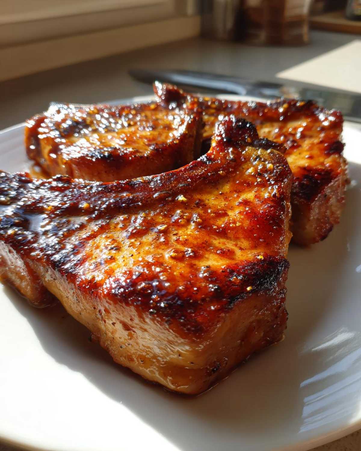 Close-up of three juicy brown sugar garlic pork chops glazed and glistening on a white plate.