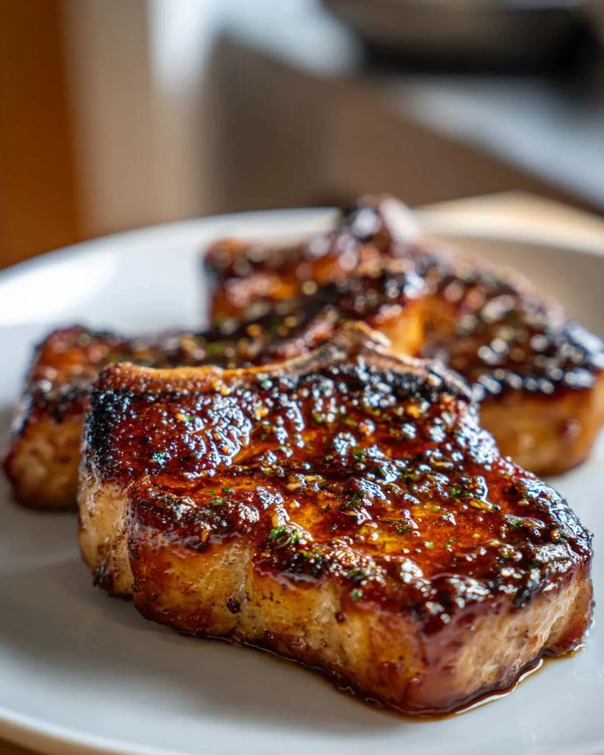 Close-up of three juicy brown sugar garlic pork chops on a white plate, glistening with sauce and herbs.