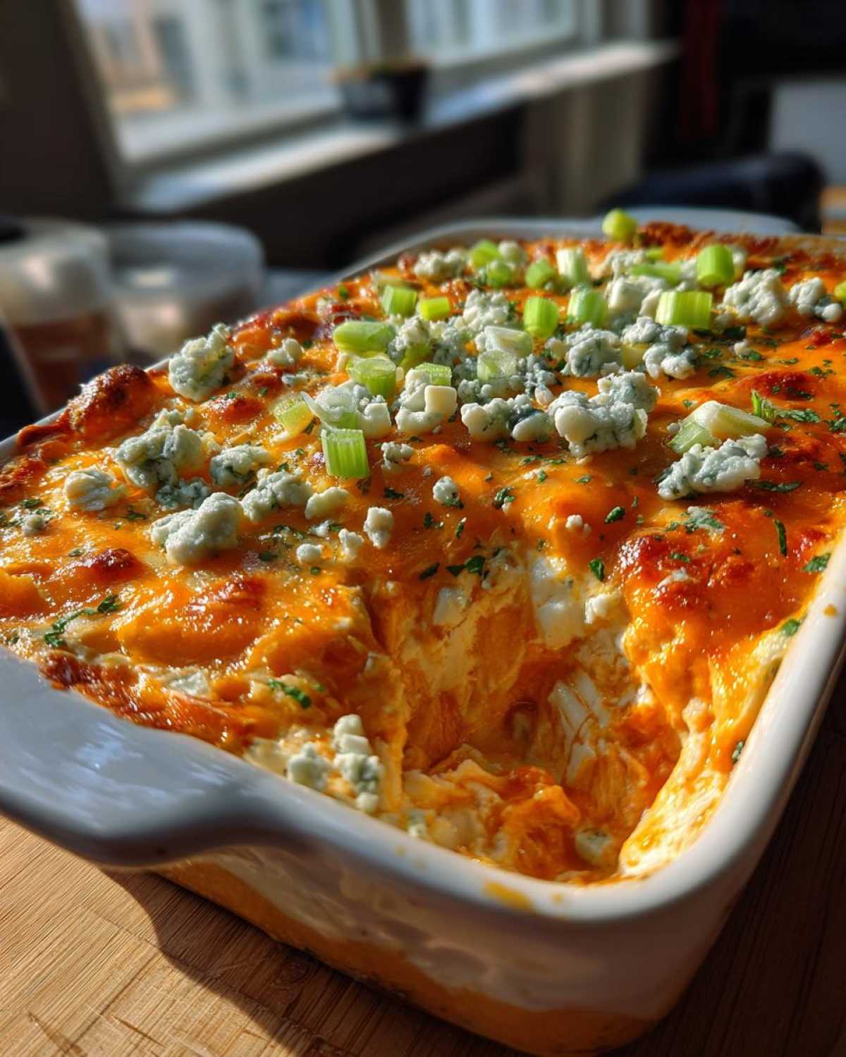 Close-up of a bubbling Buffalo chicken dip classic in a white baking dish, topped with blue cheese crumbles and chopped celery.