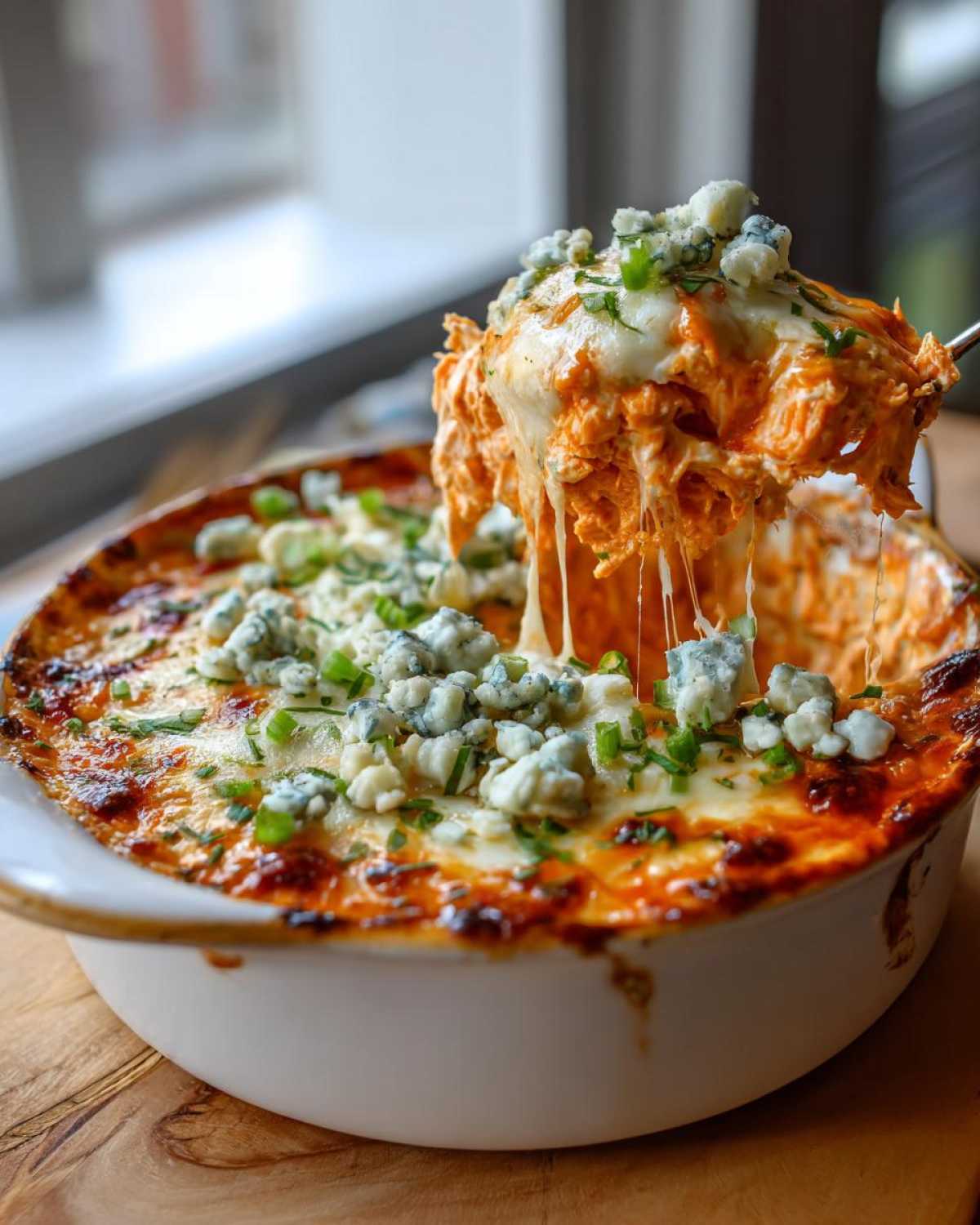 A scoop of cheesy, saucy classic Buffalo chicken dip being lifted from a baking dish, topped with blue cheese crumbles and chives.