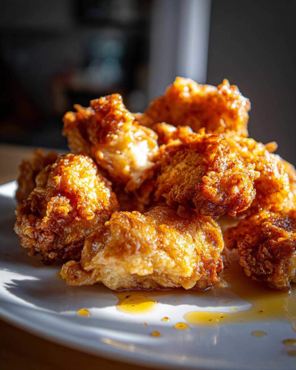 A close-up of golden-brown, crispy buttermilk fried chicken pieces piled on a white plate, drizzled with a light glaze.