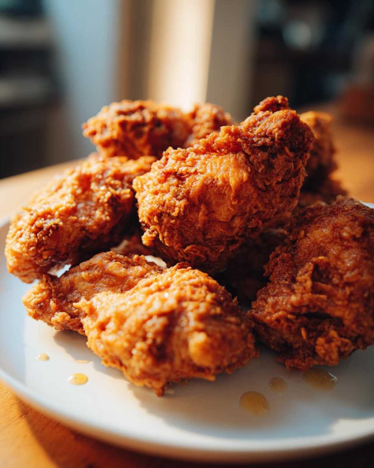 A pile of golden-brown, crispy buttermilk fried chicken pieces on a white plate.
