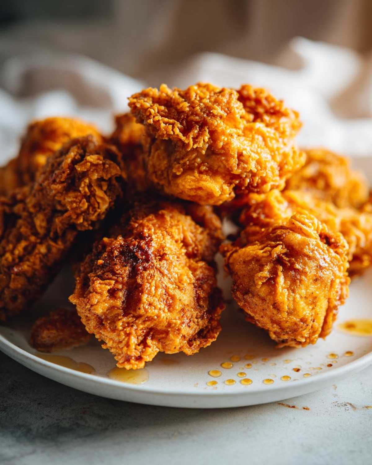 Golden brown and crispy buttermilk fried chicken pieces piled on a white plate with drizzles of honey.