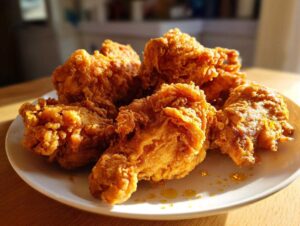 A plate of golden-brown buttermilk fried chicken pieces, glistening with oil and honey.