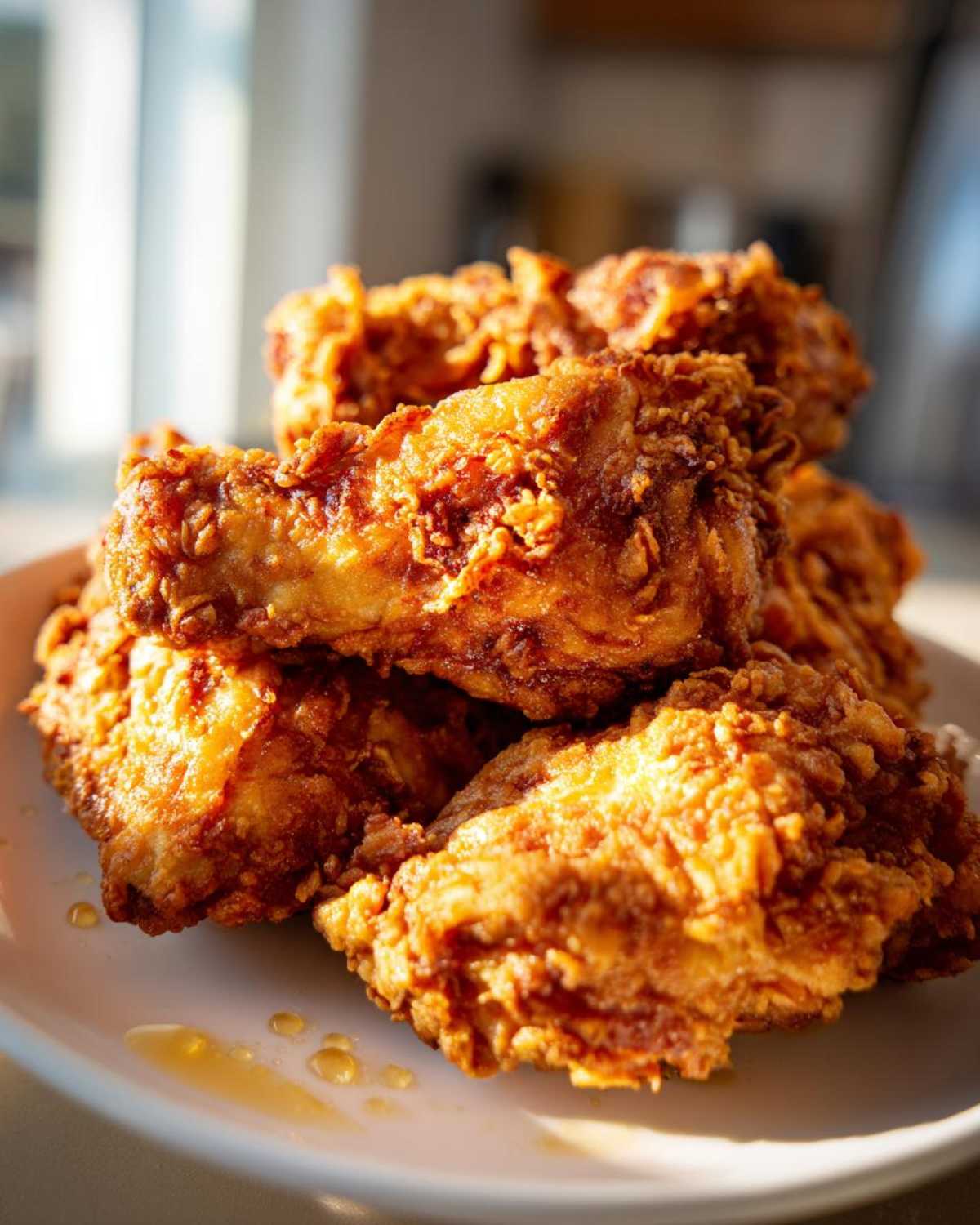 A close-up shot of a pile of golden-brown, crispy buttermilk fried chicken pieces on a white plate.