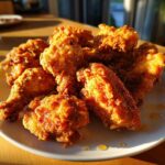 A plate piled high with golden-brown, crispy buttermilk fried chicken pieces, glistening in the sunlight.