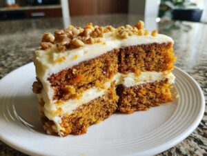 A moist slice of carrot cake with thick cream cheese frosting and chopped walnuts on top.