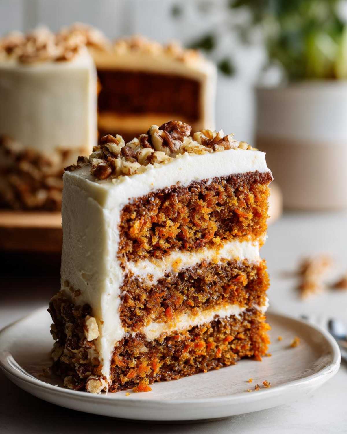 A delicious slice of carrot cake with thick cream cheese frosting, topped with chopped walnuts.