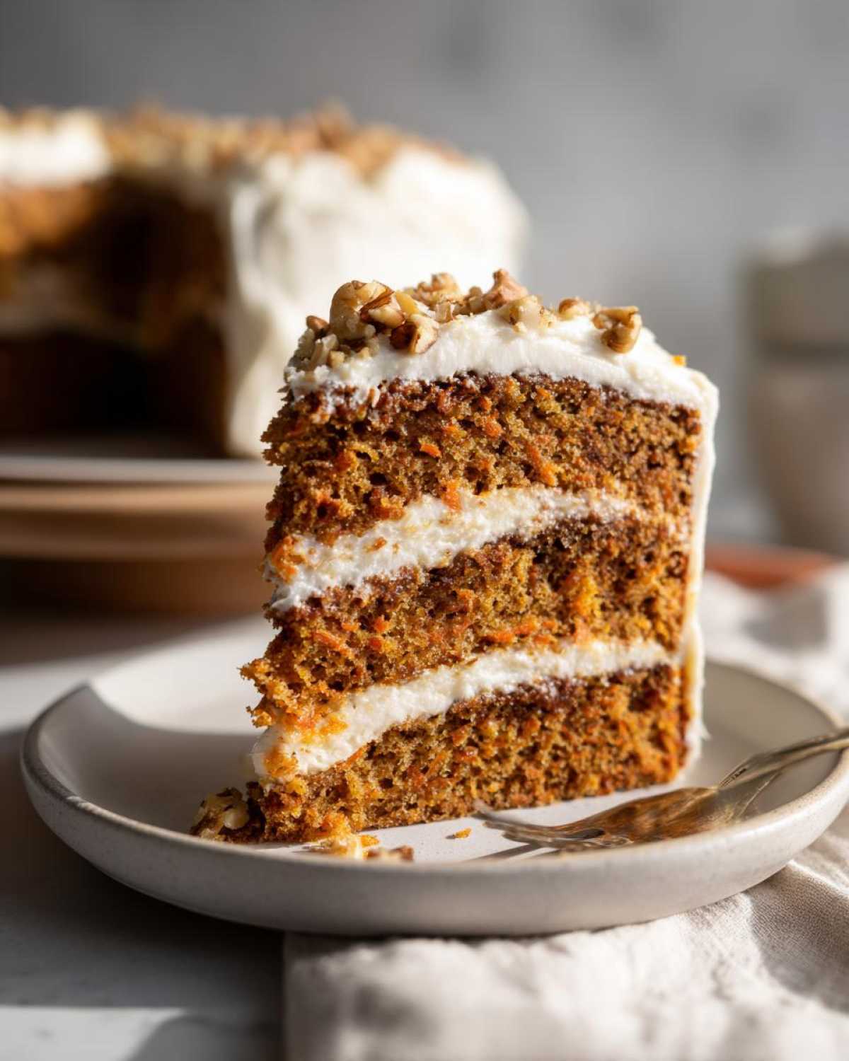 A thick slice of moist carrot cake layered with rich cream cheese frosting and topped with chopped walnuts.