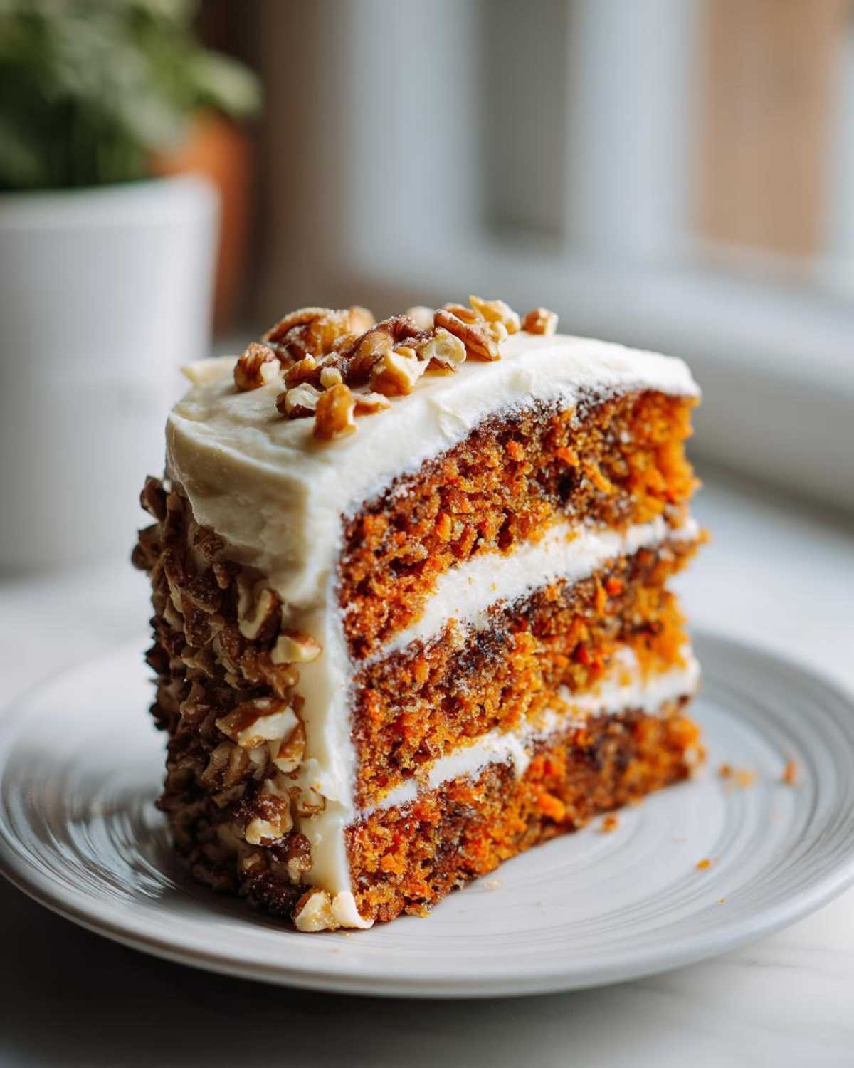 A delicious slice of carrot cake featuring layers of moist cake and rich cream cheese frosting, topped with chopped walnuts.
