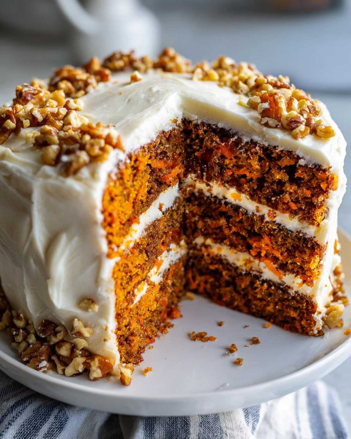 A slice cut from a layered carrot cake with rich cream cheese frosting and a walnut topping.