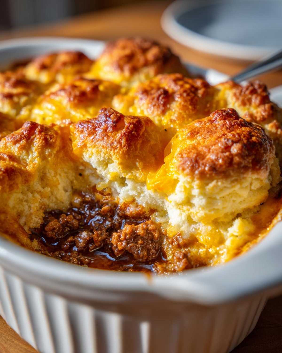 A close-up of a bubbling cheddar bay hamburger casserole, with golden-brown biscuit topping and savory ground beef filling.