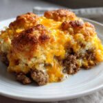 A close-up of a slice of cheddar bay hamburger casserole, showing the ground beef, melted cheese, and biscuit topping.