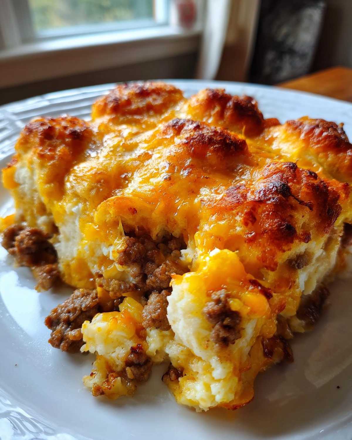 A close-up of a slice of cheddar bay hamburger casserole, showing layers of ground beef and cheesy biscuits.
