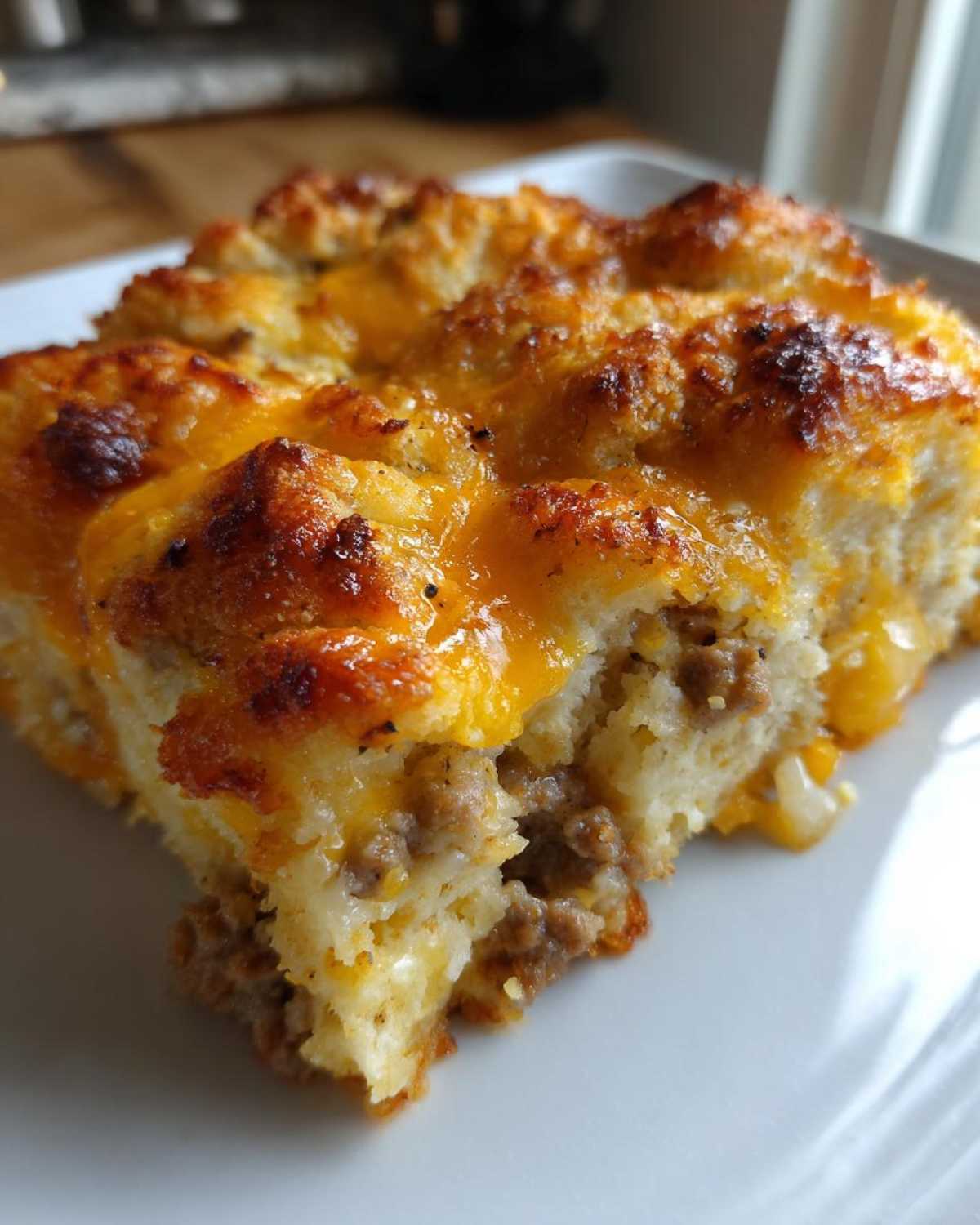A close-up of a cheesy cheddar bay hamburger casserole slice, showing layers of ground beef and biscuit topping.