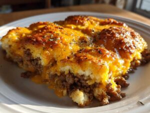 A close-up of a slice of cheddar bay hamburger casserole, showing layers of seasoned ground beef and cheesy topping.