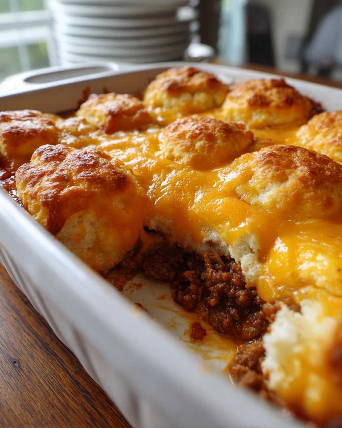 A close-up of a baked cheddar bay hamburger casserole with melted cheese and biscuits.
