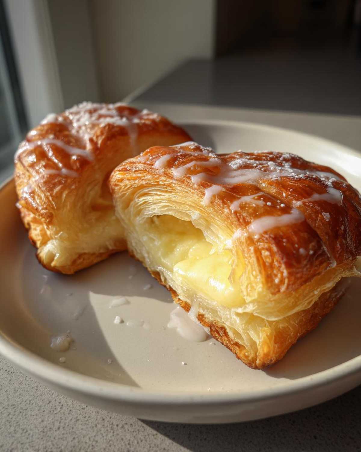 Close-up of a flaky cheese danish, one cut in half to reveal a creamy cheese filling, drizzled with icing.