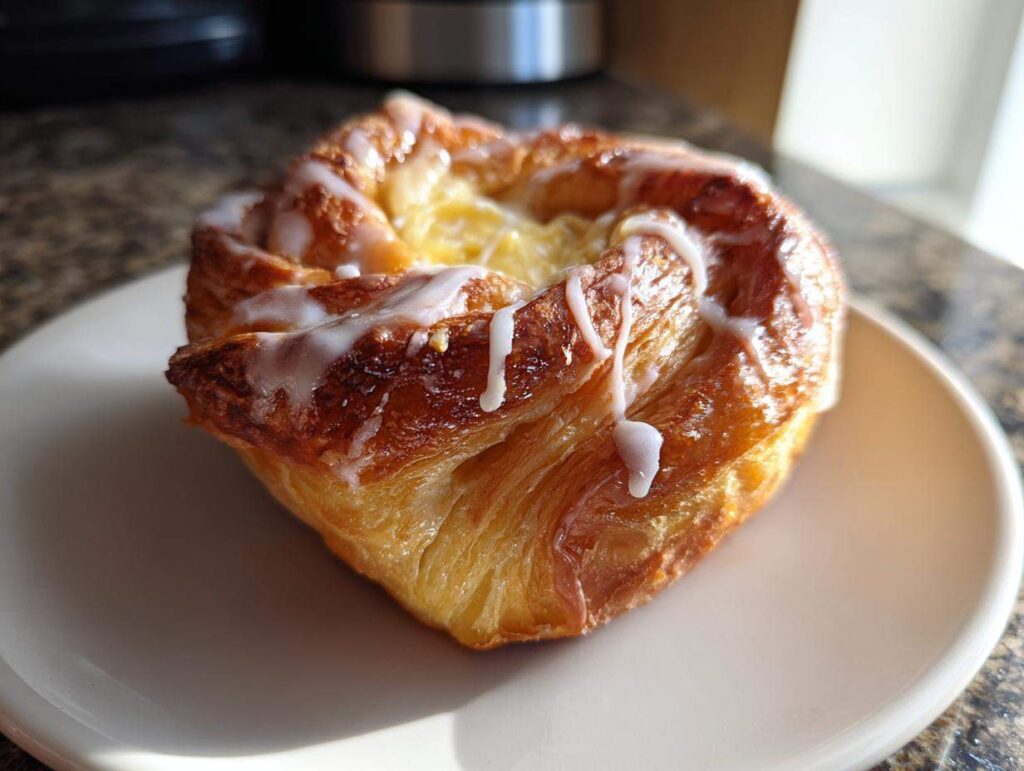 Close-up of a golden-brown, flaky cheese danish drizzled with white icing on a white plate.