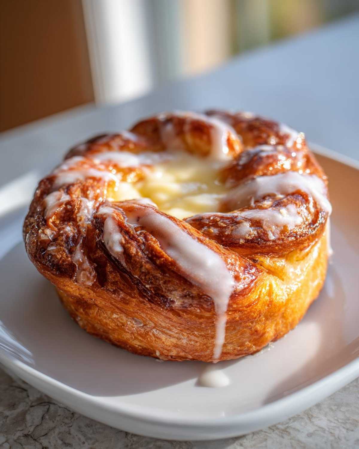 A close-up of a golden-brown cheese danish, drizzled with white icing, on a white plate.